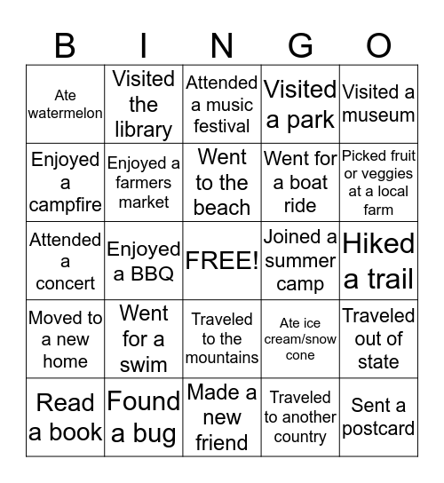 CFS Lower School Welcome - SUMMER Bingo Card