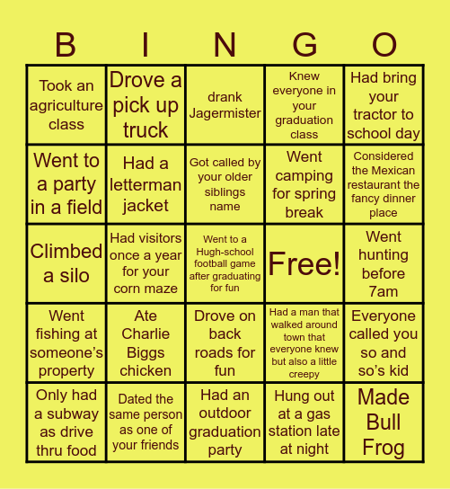 Grew up in a small town Bingo Card