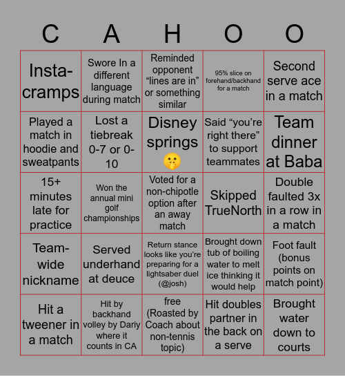 Clark Men’s Tennis Bingo Card