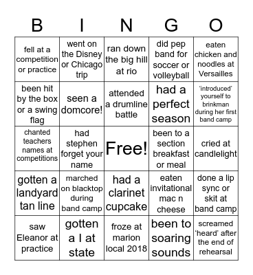 Tippecanoe Marching Band Bingo Card