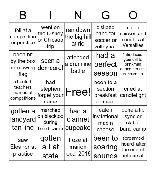 Tippecanoe Marching Band Bingo Card