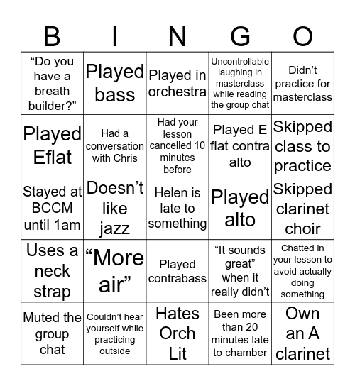 BCCM Clarinet Studio Bingo Card