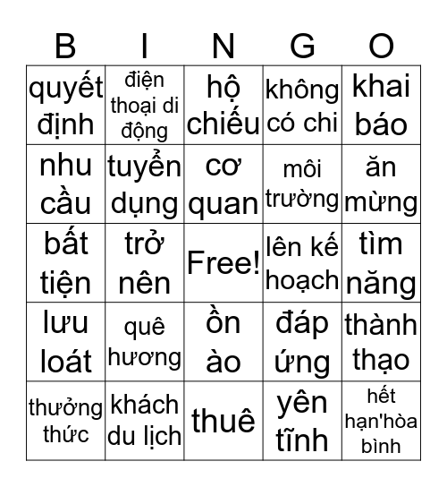 Vocab Bingo 16-20 Bingo Card