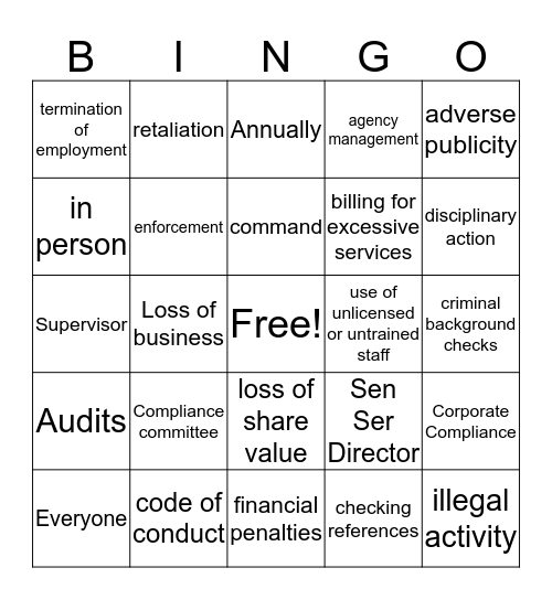 Corporate Compliance Bingo Card