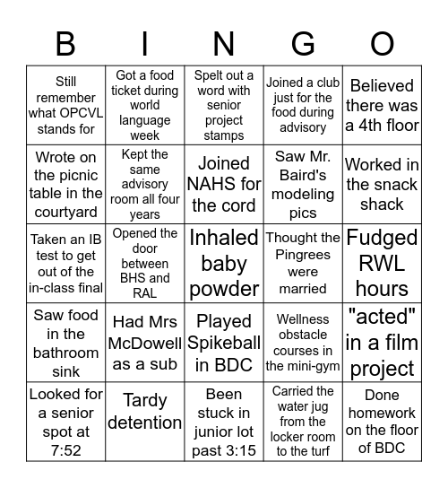 BHS Bingo Card