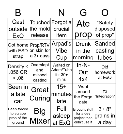 Casting/Integration Bingo Card