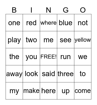 Sight Words Bingo Card