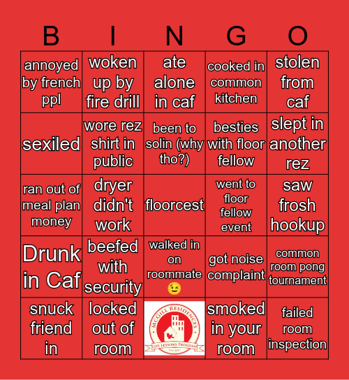 McGill Rez Bingo Card