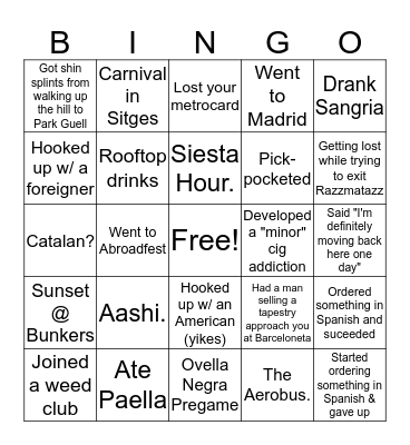 Sam's Barcelona Spring 2020 Bingo Card