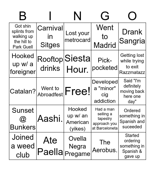 Sam's Barcelona Spring 2020 Bingo Card