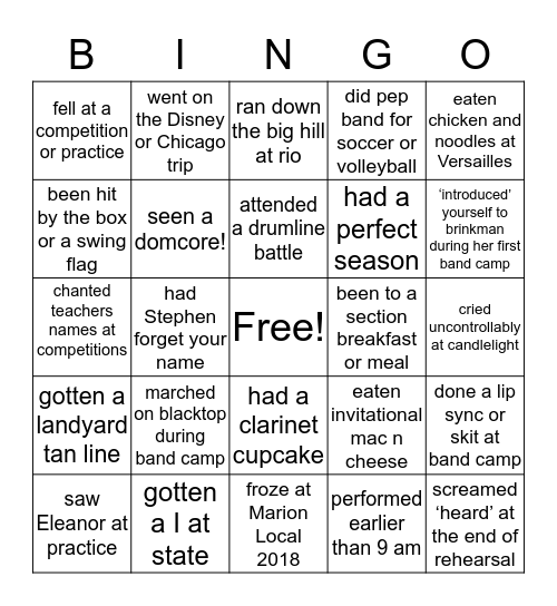 Tippecanoe Marching Band Bingo Card