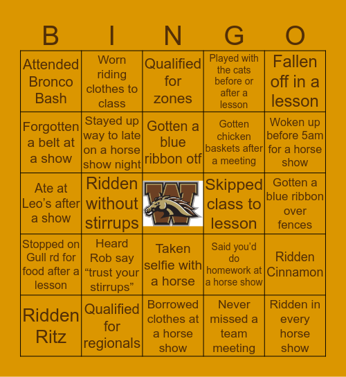 WMU Equestrian Team Bingo Card