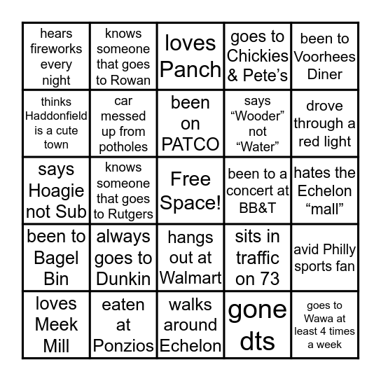 Voorhees NJ Bingo Card