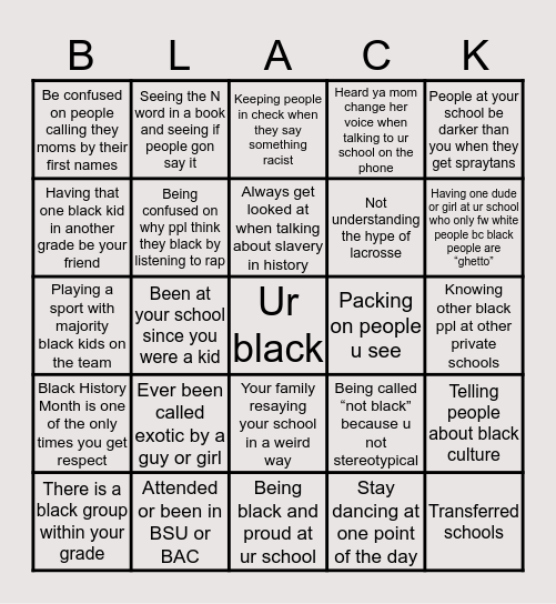 Black Private School Bingo Card