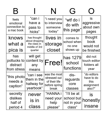 yearbook bingo Card