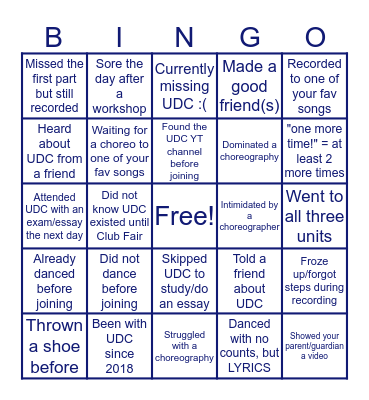 Urban Dance Club Bingo Card