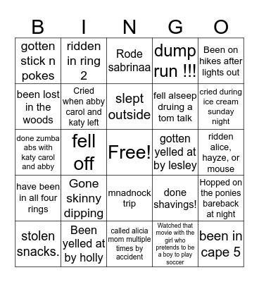 Roads End Bingo Card