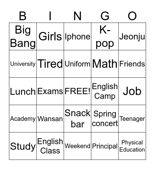 School Life Bingo Card