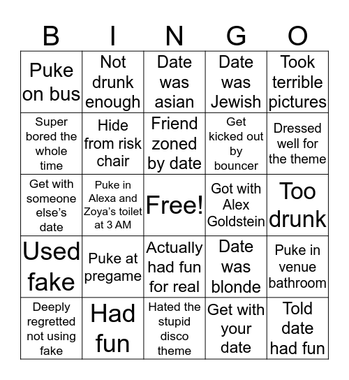 Kappa Date Party Bingo Card