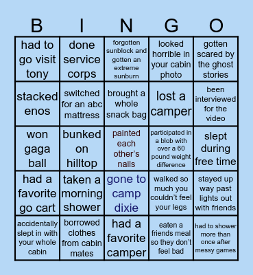 Camp Dixie Bingo Card