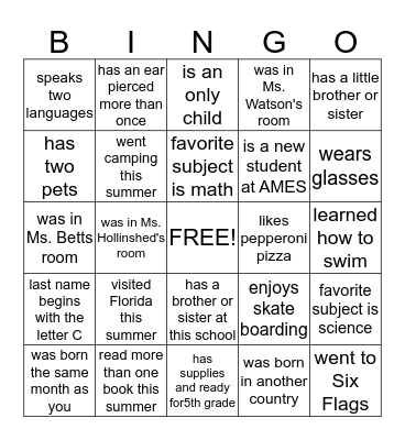 BACK TO SCHOOL BINGO Card