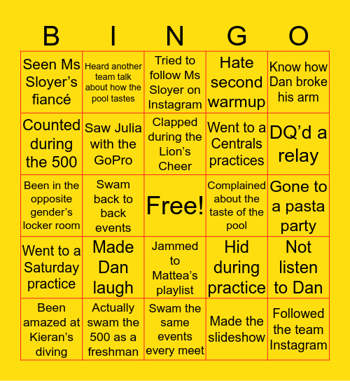 Penncrest Swim Bingo Card