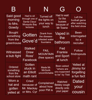 Fall Mountain Bingo Card