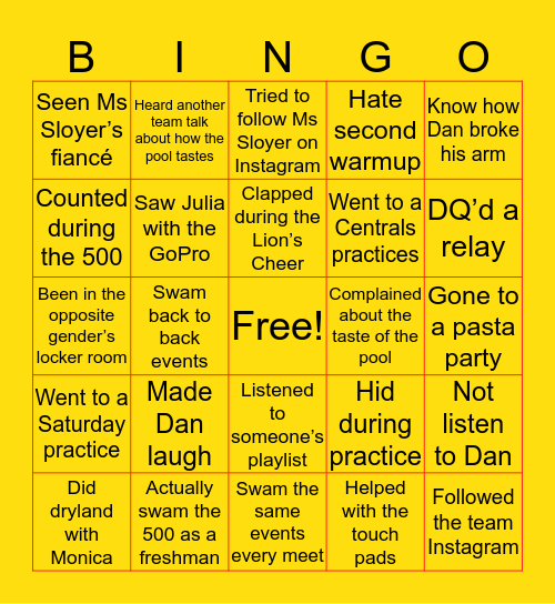 Penncrest Swim Bingo Card