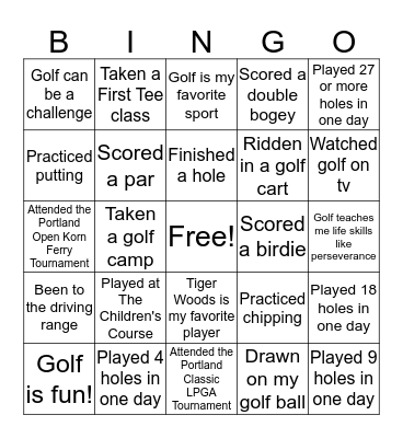 First Tee Bingo Card