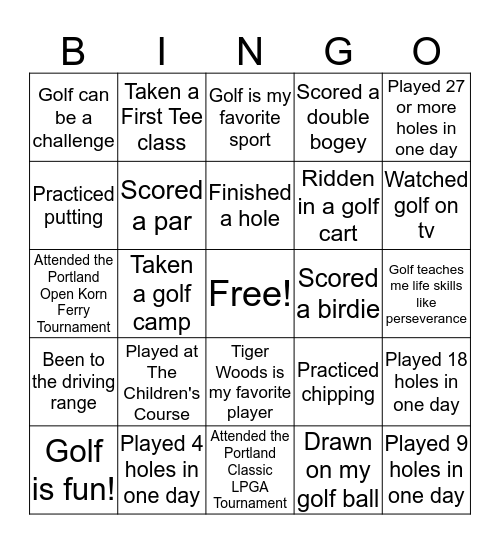 First Tee Bingo Card