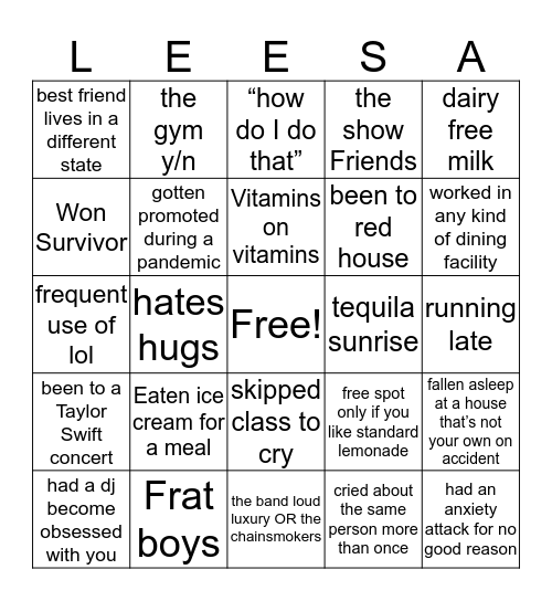 Lisa’s bingo Card