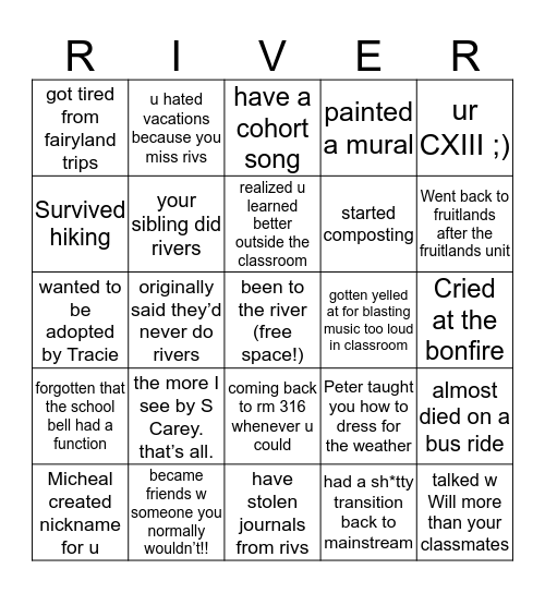 Rivers Bingo Card