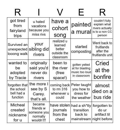 Rivers Bingo Card