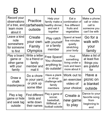 Health and Fitness Bingo Card