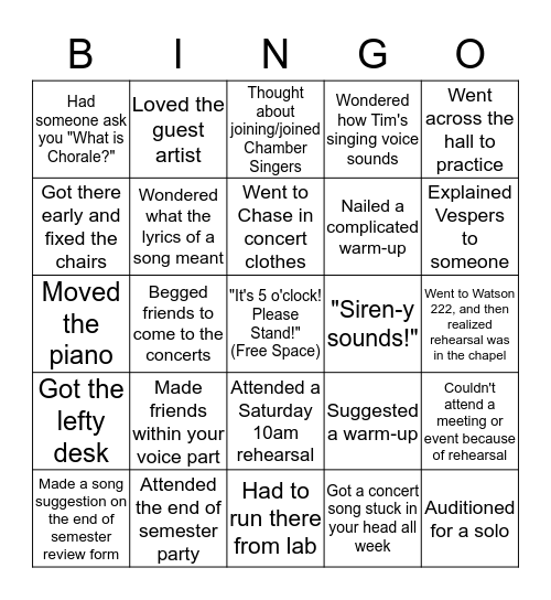 Wheaton Chorale Bingo Card