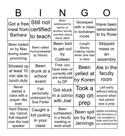 DP teacher bingo Card