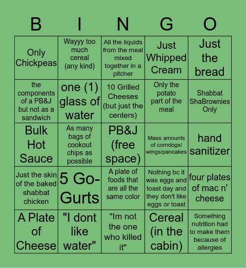 Meals Your Campers Have Eaten Bingo Card