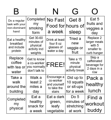 Wellness Bingo Card
