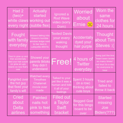 Grace’s Quarantine Bingo Card