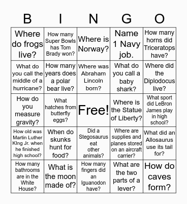 PebbleGo Bingo Card