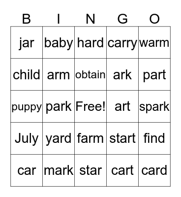 Spelling Lesson 19 Bingo Card