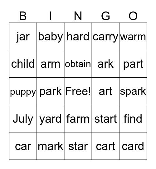 Spelling Lesson 19 Bingo Card