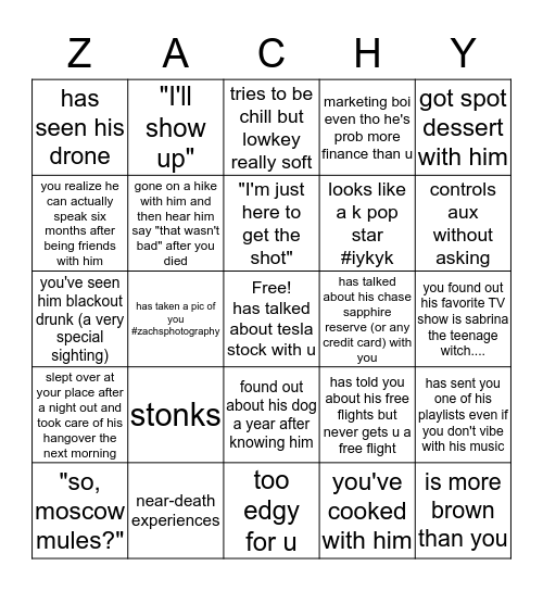 Zachary Bingo Card