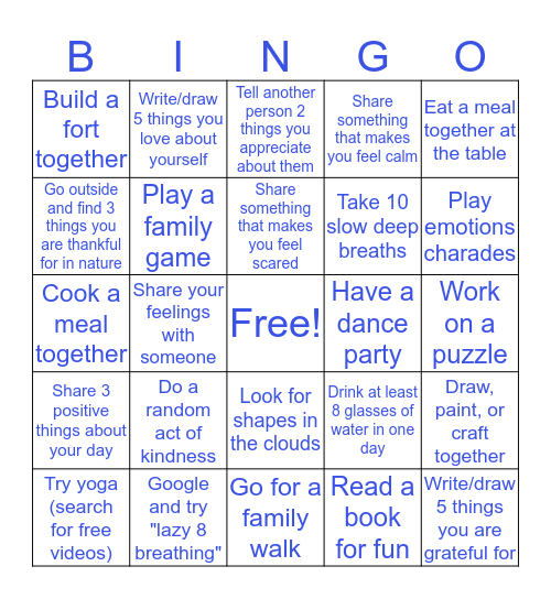 Family Self-Care Bingo Card