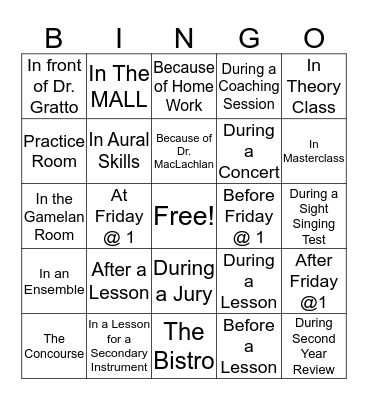 Places/Times I've Cried Music Major Edition Bingo Card