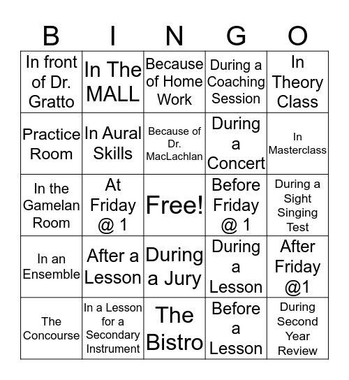 Places/Times I've Cried Music Major Edition Bingo Card