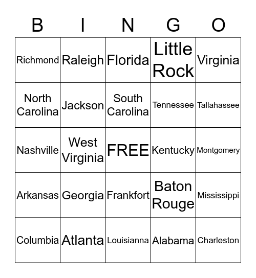 SOUTHERN STATES BINGO Card