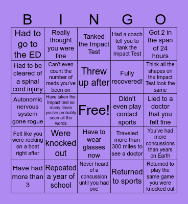 Concussion Bingo Card