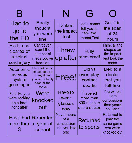 Concussion Bingo Card