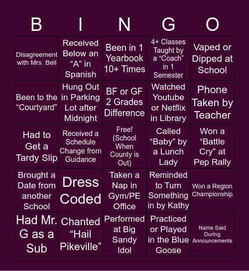 Pikeville High School Bingo Card
